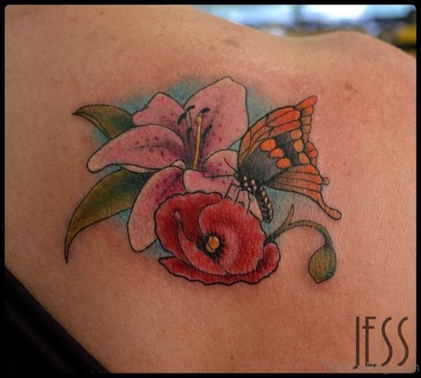 Yellow Butterfly And Flower Shoulder Tattoo 1