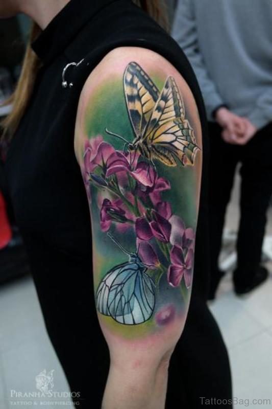 Yellow Butterfly And Flower Shoulder Tattoo