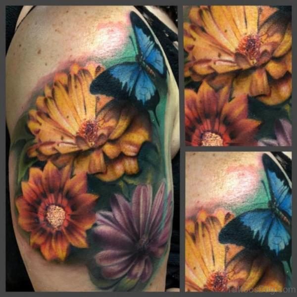 Yellow Flower ANd Butterfly Shoulder Tattoo