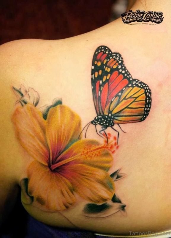 Yellow Flower ANd Butterfly Tattoo On Shoulder