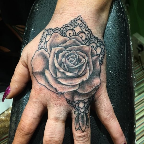 Roses And Lace Hand Tattoo For Women