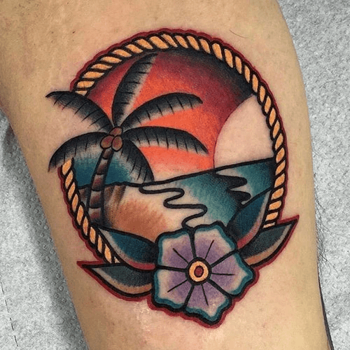 American Traditional Sun And Palm Tree Tattoo