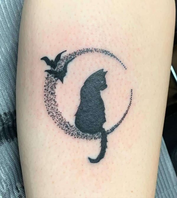 Black Cat With Moon Tattoo