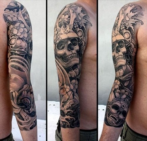Samurai With Skull And Flowers Tattoo