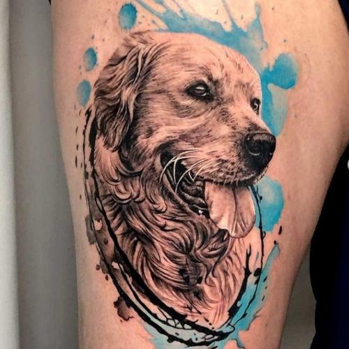 Blue Watercolor Golden Retriever Tattoo