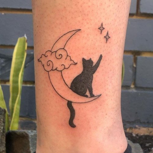 Cat On Moon With Cloud Tattoo